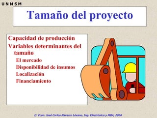 © Econ. José Carlos Navarro Lévano, Ing. Electrónico y MBA, 2006
U N M S M
Tamaño del proyecto
Capacidad de producción
Variables determinantes del
tamaño
El mercado
Disponibilidad de insumos
Localización
Financiamiento
 