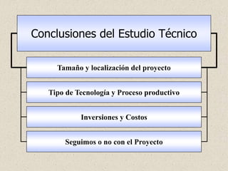 Tipo de Tecnología y Proceso productivo
Tamaño y localización del proyecto
Inversiones y Costos
Seguimos o no con el Proyecto
Conclusiones del Estudio Técnico
 