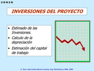 © Econ. José Carlos Navarro Lévano, Ing. Electrónico y MBA, 2006
U N M S M
INVERSIONES DEL PROYECTO
• Estimado de las
Inversiones.
• Calculo de la
depreciación
• Estimación del capital
de trabajo
 