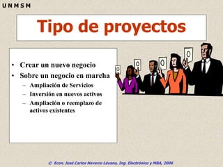 © Econ. José Carlos Navarro Lévano, Ing. Electrónico y MBA, 2006
U N M S M
Tipo de proyectos
• Crear un nuevo negocio
• Sobre un negocio en marcha
– Ampliación de Servicios
– Inversión en nuevos activos
– Ampliación o reemplazo de
activos existentes
 