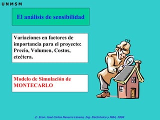 © Econ. José Carlos Navarro Lévano, Ing. Electrónico y MBA, 2006
U N M S M
El análisis de sensibilidad
Variaciones en factores de
importancia para el proyecto:
Precio, Volumen, Costos,
etcétera.
Modelo de Simulación de
MONTECARLO
 