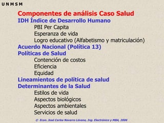 © Econ. José Carlos Navarro Lévano, Ing. Electrónico y MBA, 2006
U N M S M
Componentes de análisis Caso Salud
IDH Índice de Desarrollo Humano
PBI Per Capita
Esperanza de vida
Logro educativo (Alfabetismo y matriculación)
Acuerdo Nacional (Política 13)
Políticas de Salud
Contención de costos
Eficiencia
Equidad
Lineamientos de política de salud
Determinantes de la Salud
Estilos de vida
Aspectos biológicos
Aspectos ambientales
Servicios de salud
 
