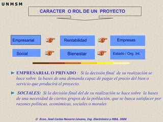 © Econ. José Carlos Navarro Lévano, Ing. Electrónico y MBA, 2006
U N M S M
CARACTER O ROL DE UN PROYECTO
EMPRESARIAL O PRIVADO : Si la decisión final de su realización se
hace sobre la bases de una demanda capaz de pagar el precio del bien o
servicio que producirá el proyecto.
Empresarial
Social
Rentabilidad
Bienestar
Empresas
Estado / Org. Int.
SOCIALES: Si la decisión final del de su realización se hace sobre la bases
de una necesidad de ciertos grupos de la población, que se busca satisfacer por
razones políticas, económicas, sociales o morales
 