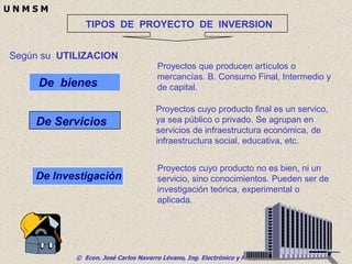 © Econ. José Carlos Navarro Lévano, Ing. Electrónico y MBA, 2006
U N M S M
TIPOS DE PROYECTO DE INVERSION
Según su UTILIZACION :
De bienes
De Investigación
Proyectos que producen artículos o
mercancías. B. Consumo Final, Intermedio y
de capital.
De Servicios
Proyectos cuyo producto final es un servico,
ya sea público o privado. Se agrupan en
servicios de infraestructura económica, de
infraestructura social, educativa, etc.
Proyectos cuyo producto no es bien, ni un
servicio, sino conocimientos. Pueden ser de
investigación teórica, experimental o
aplicada.
 