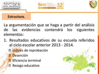 La argumentación que se haga a partir del análisis
de las evidencias contendrá los siguientes
elementos:
1. Resultados educativos de su escuela referidos
al ciclo escolar anterior 2013 - 2014.
Índices de reprobación
Deserción
Eficiencia terminal
Rezago educativo
 
