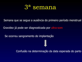 Semana que se segue a ausência do primeiro período menstrual Gravidez já pode ser diagnosticada por  ultra-som Se ocorreu sangramento de implantação Confusão na determinação da data esperada do parto 3ª semana 