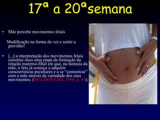 17ª a 20ªsemana Mãe percebe movimentos fetais Modificação na forma de ver e sentir a gravidez! [...] a interpretação dos movimentos fetais constitui mais uma etapa da formação da relação materno-filial em que, na fantasia da mãe, o feto já começa a adquirir características peculiares e a se “comunicar” com a mãe através da variedade dos seus movimentos. ( MALDONADO, 1996, p. 43 ). 
