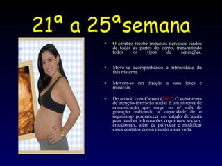 21ª a 25ªsemana O cérebro recebe impulsos nervosos vindos de todas as partes do corpo, transmitindo todos os tipos de sensações. Move-se acompanhando a ritmicidade da fala materna. Movem-se em direção a sons leves e musicais De acordo com Camon ( 2002 ) O subsistema de atenção-interação social é um sistema de comunicação que surge no 6° mês de gestação indicando a capacidade de o organismo permanecer em estado de alerta para receber informações cognitivas, sociais, emocionais, além de provocar e modificar esses contatos com o mundo a sua volta. 