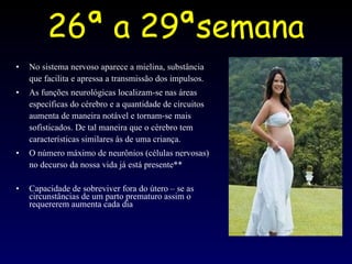 26ª a 29ªsemana No sistema nervoso aparece a mielina, substância que facilita e apressa a transmissão dos impulsos.  As funções neurológicas localizam-se nas áreas específicas do cérebro e a quantidade de circuitos aumenta de maneira notável e tornam-se mais sofisticados. De tal maneira que o cérebro tem características similares às de uma criança. O número máximo de neurônios (células nervosas) no decurso da nossa vida já está presente** Capacidade de sobreviver fora do útero – se as circunstâncias de um parto prematuro assim o requererem aumenta cada dia   