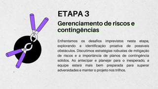 Gerenciamento de riscos e
contingências
ETAPA 3
Enfrentamos os desafios imprevistos nesta etapa,
explorando a identificação proativa de possíveis
obstáculos. Discutimos estratégias robustas de mitigação
de riscos e a importância de planos de contingência
sólidos. Ao antecipar e planejar para o inesperado, a
equipe estará mais bem preparada para superar
adversidades e manter o projeto nos trilhos.
 
