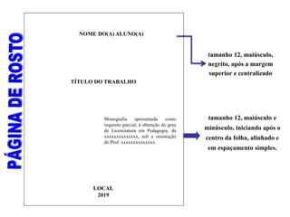 TÍTULO DO TRABALHO
Monografia apresentada como
requisito parcial, à obtenção do grau
de Licenciatura em Pedagogia, da
xxxxxxxxxxxxxx, sob a orientação
do Prof. xxxxxxxxxxxxxx.
tamanho 12, maiúsculo e
minúsculo, iniciando após o
centro da folha, alinhado e
em espaçamento simples.
tamanho 12, maiúsculo,
negrito, após a margem
superior e centralizado
NOME DO(A) ALUNO(A)
LOCAL
2019
 