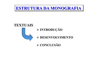 ESTRUTURA DA MONOGRAFIA
TEXTUAIS
 INTRODUÇÃO
 DESENVOLVIMENTO
 CONCLUSÃO
 