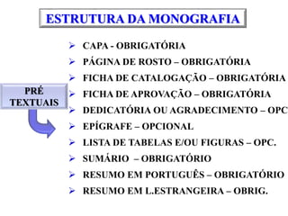 ESTRUTURA DA MONOGRAFIA
 CAPA - OBRIGATÓRIA
 PÁGINA DE ROSTO – OBRIGATÓRIA
 FICHA DE CATALOGAÇÃO – OBRIGATÓRIA
 FICHA DE APROVAÇÃO – OBRIGATÓRIA
 DEDICATÓRIA OU AGRADECIMENTO – OPC.
 EPÍGRAFE – OPCIONAL
 LISTA DE TABELAS E/OU FIGURAS – OPC.
 SUMÁRIO – OBRIGATÓRIO
 RESUMO EM PORTUGUÊS – OBRIGATÓRIO
 RESUMO EM L.ESTRANGEIRA – OBRIG.
PRÉ
TEXTUAIS
 