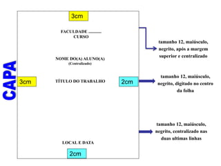 tamanho 12, maiúsculo,
negrito, centralizado nas
duas ultimas linhas
tamanho 12, maiúsculo,
negrito, após a margem
superior e centralizado
tamanho 12, maiúsculo,
negrito, digitado no centro
da folha
LOCAL E DATA
NOME DO(A) ALUNO(A)
(Centralizado)
TÍTULO DO TRABALHO
FACULDADE ............
CURSO
3cm
2cm
3cm 2cm
 
