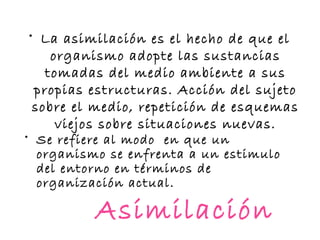 Asimilación
• La asimilación es el hecho de que el
organismo adopte las sustancias
tomadas del medio ambiente a sus
propias estructuras. Acción del sujeto
sobre el medio, repetición de esquemas
viejos sobre situaciones nuevas.
• Se refiere al modo en que un
organismo se enfrenta a un estimulo
del entorno en términos de
organización actual.
 