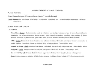 DILMER GUZMAN
MANEJO INTEGRADO DE PLAGAS EN TOMATE.
PLAGAS DE SUELO.
Orugas, Gusanos Cortadores O Nocturnos, Gusano Alambre Y Larvas De Tortuguilla
Control: Labranza Del Suelo, Expone A Las Larvas A La depredación. Por hormigas, aves. - Los adultos pueden capturarse por la noche con
trampas de luz.
PLAGAS DE FOLLAJE Y FRUTO.
CHUPADORES:
Mosca Blanca; Control: - Fechas de siembra cuando las poblaciones sean más bajas, Seleccionar el lugar de siembra fuera de influencias
tradicionales, Uso de barreras mecánicas, siembra de maíz y sorgo, Producción en ambientes controlados, Altas densidades de plantas,
Nutrición adecuada de las plantas,La lluvia ejerce control natural por acción mecánica, Productos químicos (Actara, Confidor)
Afidos; Control: Eliminación de plantas hospederas; Uso de barreras mecánicas; Eliminación de rastrojos al finalizar la cosecha; Uso de
trampas pegajosas; Producción de plántulas en semilleros hechos en bandejas plásticas; Control biológico natural.
Minador De La Hoja; Control: Trampas de color amarillo o verde limos, Asociar con otros cultivos como maíz, Control biológico natural.
Tortuguilla; Control: Nutrición o fertilización adecuada de las plantas, Cultivos libres de maleza, Control biológico natural.
Gusanos Del Follaje y Perforadores Del Fruto: Gusano negro, Gusano Prodenia, Gusano Cogollero, Gusano soldado y elotero.
Control: Cultivos trampa con utilización de bledo, Control de malezas (verdolagas), Control biológico (VPN, Sterneinema, Beaveria).
 