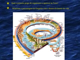 Qual o primeiro grupo de organismos a aparecer na Terra?

 Relaciona a percentagem de Oxigénio com o desenvolvimento da vida.
 