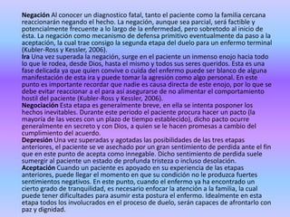 Negación Al conocer un diagnostico fatal, tanto el paciente como la familia cercana
reaccionarán negando el hecho. La negación, aunque sea parcial, será factible y
potencialmente frecuente a lo largo de la enfermedad, pero sobretodo al inicio de
ésta. La negación como mecanismo de defensa primitivo eventualmente da paso a la
aceptación, la cual trae consigo la segunda etapa del duelo para un enfermo terminal
(Kubler-Ross y Kessler, 2006).
Ira Una vez superada la negación, surge en el paciente un inmenso enojo hacia todo
lo que le rodea, desde Dios, hasta el mismo y todos sus seres queridos. Esta es una
fase delicada ya que quien convive o cuida del enfermo puede ser blanco de alguna
manifestación de esta ira y puede tomar la agresión como algo personal. En este
punto es importante recordar que nadie es causa directa de este enojo, por lo que se
debe evitar reaccionar a el para así asegurarse de no alimentar el comportamiento
hostil del paciente (Kubler-Ross y Kessler, 2006).
Negociación Esta etapa es generalmente breve, en ella se intenta posponer los
hechos inevitables. Durante este periodo el paciente procura hacer un pacto (la
mayoría de las veces con un plazo de tiempo establecido), dicho pacto ocurre
generalmente en secreto y con Dios, a quien se le hacen promesas a cambio del
cumplimiento del acuerdo.
Depresión Una vez superadas y agotadas las posibilidades de las tres etapas
anteriores, el paciente se ve asechado por un gran sentimiento de perdida ante el fin
que en este punto de acepta como innegable. Dicho sentimiento de perdida suele
sumergir al paciente un estado de profunda tristeza o incluso desolación.
Aceptación Cuando un paciente es apoyado en su experiencia de las etapas
anteriores, puede llegar el momento en que su condición no le produzca fuertes
sentimientos negativos. En este punto, cuando el enfermo ya ha encontrado un
cierto grado de tranquilidad, es necesario enfocar la atención a la familia, la cual
puede tener dificultades para asumir esta postura el enfermo. Idealmente en esta
etapa todos los involucrados en el proceso de duelo, serán capaces de afrontarlo con
paz y dignidad.
 