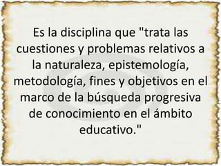 Es la disciplina que "trata las cuestiones y problemas relativos a la naturaleza, epistemología, metodología, fines y objetivos en el marco de la búsqueda progresiva de conocimiento en el ámbito educativo." 