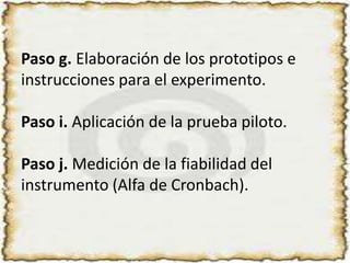 Paso g. Elaboración de los prototipos einstrucciones para el experimento.Paso i. Aplicación de la prueba piloto.Paso j. Medición de la fiabilidad del instrumento (Alfa de Cronbach).