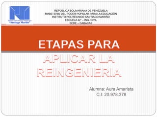 Alumna: Aura Amarista
C.I: 20.978.378
REPÚBLICA BOLIVARIANA DE VENEZUELA
MINISTERIO DEL PODER POPULAR PARA LA EDUCACIÓN
INSTITUTO POLITÉCNICO SANTIAGO MARIÑO
ESCUELA 42” – ING. CIVIL
SEDE – CARACAS
 