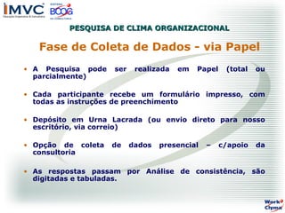 PESQUISA DE CLIMA ORGANIZACIONAL

Fase de Coleta de Dados - via Papel
• A Pesquisa pode
parcialmente)

ser

realizada

em

Papel

(total

ou

• Cada participante recebe um formulário impresso, com
todas as instruções de preenchimento
• Depósito em Urna Lacrada (ou envio direto para nosso
escritório, via correio)
• Opção de coleta
consultoria

de

dados

presencial

–

c/apoio

da

• As respostas passam por Análise de consistência, são
digitadas e tabuladas.

 