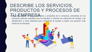 DESCRIBE LOS SERVICIOS,
PRODUCTOS Y PROCESOS DE
TU EMPRESA
• Después, detalla el tipo de servicios y productos de tu empresa, profundiza en tus
procesos internos (aquellos que te impulsan a orientar tus esfuerzos de ventas o de
distribución) y otros aspectos que consideres te ayuden a lograr una posición más
fuerte en el mercado.
 