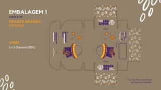 EMBALAGEM 1
CAIXA M
*Cor de fundo ilustrativa
para simular papelão.
CORES
5 x 5 (Pantone 000C)
PROJETO GRÁFICO
EXTERNO
 