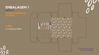 *Cor de fundo ilustrativa
para simular papelão.
CORES
5 x 5 (Pantone 000C)
PROJETO GRÁFICO
INTERNO
EMBALAGEM 1
CAIXA M
 