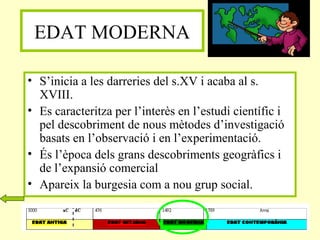 EDAT MODERNA
• S’inicia a les darreries del s.XV i acaba al s.
XVIII.
• Es caracteritza per l’interès en l’estudi científic i
pel descobriment de nous mètodes d’investigació
basats en l’observació i en l’experimentació.
• És l’època dels grans descobriments geogràfics i
de l’expansió comercial
• Apareix la burgesia com a nou grup social.
 
