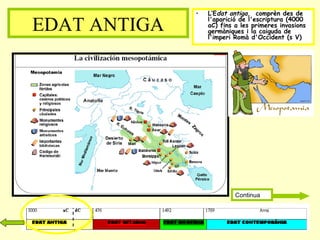 EDAT ANTIGA
• L‘Edat antiga, comprèn des de
l'aparició de l'escriptura (4000
aC) fins a les primeres invasions
germàniques i la caiguda de
l'imperi Romà d'Occident (s V)
Continua
 