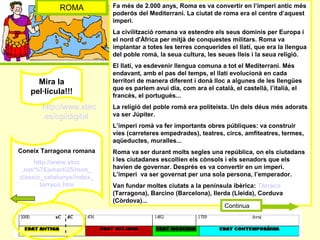 ROMA Fa més de 2.000 anys, Roma es va convertir en l’imperi antic més
poderós del Mediterrani. La ciutat de roma era el centre d’aquest
imperi.
La civilització romana va estendre els seus dominis per Europa i
el nord d'Àfrica per mitjà de conquestes militars. Roma va
implantar a totes les terres conquerides el llatí, que era la llengua
del poble romà, la seua cultura, les seues lleis i la seua religió.
El llatí, va esdevenir llengua comuna a tot el Mediterrani. Més
endavant, amb el pas del temps, el llatí evolucionà en cada
territori de manera diferent i donà lloc a algunes de les llengües
que es parlem avui dia, com ara el català, el castellà, l’italià, el
francès, el portuguès...
La religió del poble romà era politeista. Un dels déus més adorats
va ser Júpiter.
L’imperi romà va fer importants obres públiques: va construir
vies (carreteres empedrades), teatres, circs, amfiteatres, termes,
aqüeductes, muralles...
Roma va ser durant molts segles una república, on els ciutadans
i les ciutadanes escollien els cònsols i els senadors que els
havien de governar. Després es va convertir en un imperi.
L’imperi va ser governat per una sola persona, l’emperador.
Van fundar moltes ciutats a la península ibèrica: Tàrraco
(Tarragona), Barcino (Barcelona), Ilerda (Lleida), Corduva
(Còrdova)...
http://www.xtec
.es/cgi/digital
Mira la
pel·lícula!!!
Coneix Tarragona romana
http://www.xtec
.net/%7Eamarti35/mon_
classic_catalunya/index_
tarraco.htm
Continua
 