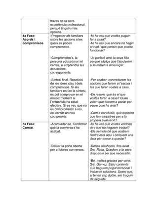 través de la seva
experiència professional,
perquè tinguin més
opcions.
4a Fase:
Acords i
compromisos
-Preguntar als familiars
sobre les accions a les
quals es poden
comprometre.
-Comprometre’s, la
persona educadora i el
centre, a emprendre les
actuacions
corresponents.
-Síntesi final. Repetició
de les idees clau i dels
compromisos. Si els
familiars en fan la síntesi,
es pot comprovar en el
mateix moment si
l’entrevista ha estat
efectiva. Si es veu que no
es comprometen s res,
cal cercar un nou
compromís.
-Hi ha res que vostès puguin
fer a casa?
-Hi ha res que encara no hagin
provat i que pensin que podria
funcionar?
-Jo parlaré amb la seva filla
perquè sàpiga que l’ajudarem
si la tornen a amenaçar.
-Per acabar, concretarem les
accions que farem a l’escola i
les que faran vostès a casa.
-En resum, què és el que
vostès faran a casa? Quan
volen que tornem a parlar per
veure com ha anat?
-Com a conclusió, què esperen
que fem nosaltres per a la
propera avaluació?
5a Fase:
Comiat
-Acomiadar-se. Confirmar
que la conversa s’ha
acabat.
-Deixar la porta oberta
per a futures converses.
-Hi ha res que vostès voldrien
dir i que no haguem tractat?
-Els sembla bé que acabem
l’entrevista aquí i cerquem una
data per tornar a quedar?
-Doncs aleshores, fins aviat
Srs. Roca. Quedem a la seva
disposició pel que necessitin.
-Bé, moltes gràcies per venir,
Srs. Gómez. Estic contenta
que haguem pogut enraonar i
trobar-hi solucions. Spero que,
si tenen cap dubte, em truquin
de seguida.
 