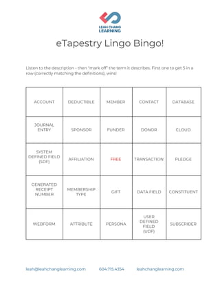  
eTapestry Lingo Bingo! 
 
Listen to the description - then “mark off” the term it describes. First one to get 5 in a 
row (correctly matching the definitions), wins! 
 
 
ACCOUNT  DEDUCTIBLE  MEMBER  CONTACT  DATABASE 
JOURNAL 
ENTRY 
 
SPONSOR  FUNDER  DONOR  CLOUD 
SYSTEM 
DEFINED FIELD 
(SDF) 
 
AFFILIATION  FREE  TRANSACTION  PLEDGE 
 
GENERATED 
RECEIPT 
NUMBER 
 
 
MEMBERSHIP 
TYPE 
GIFT  DATA FIELD  CONSTITUENT 
WEBFORM  ATTRIBUTE  PERSONA 
USER  
DEFINED 
FIELD  
(UDF) 
SUBSCRIBER 
 
leah@leahchanglearning.com 604.715.4354 leahchanglearning.com 
 