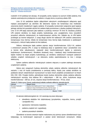 Wstępne studium wykonalności dla zadania pn.:
Rewitalizacja linii kolejowej Wrocław – Lotnisko
Etap III – Analiza techniczna


rozdzielni 15 kV podstacji lub odczepu. W przypadku zaniku napięcia na czynnym źródle zasilania, linia
zostanie automatycznie przełączona na zasilanie z drugiej strony za pomocą układu SZR.

        Linia 15 kV podzielona będzie odłącznikami sekcyjnymi umożliwiającymi odłączenie spod
napięcia poszczególnych jej odcinków dla dokonania napraw lub konserwacji oraz możliwości
utworzenia dwóch niezależnych ciągów zasilania. W przypadku konieczności wyłączenia spod napięcia
jednego odcinka linii pozostałe odcinki linii zasilane będą promieniowo z obydwu podstacji trakcyjnych.
Linie 15 kV LPN będą wykonane jako kablowe o przekroju minimum 70 mm2 Al. Docelowy przekrój
LPN zostanie określony na etapie projektu budowlanego, przy uwzględnieniu mocy wszystkich
przyszłych odbiorów nietrakcyjnych na modernizowanym odcinku linii. Zakłada się, że LPN będzie
przebiegać po terenie kolejowym. Z uwagi długie odcinki linii kablowych LPN zostanie zastosowana
kompensacja mocy biernej. Układy do kompensacji mocy biernej będą instalowane w podstacjach
trakcyjnych, z których będą zasilane te linie kablowe.

        Odbiory nietrakcyjne będą zasilane poprzez stacje transformatorowe 15/0,4 kV, zasilane
z omówionych powyżej LPN. Z uwagi na lokalizację stacji w sąsiedztwie stacji i przystanków oraz
w   terenie    silnie   zabudowanym, większość stacji          transformatorowych będzie        w   wykonaniu
budynkowym (kontenerowym). Określenie docelowej mocy i lokalizacji stacji transformatorowych
będzie możliwe na etapie projektu budowlanego, po określeniu ostatecznych rozwiązań zasilanych
układów urządzeń nietrakcyjnych i po dokonaniu analizy zapotrzebowania na moc i energię
elektryczną.

        System zasilania odbiorów nietrakcyjnych zostanie włączony w system zdalnego sterowania
urządzeniami zasilania.

        Zakres prac związanych budową elementów układu zasilania odbiorów nietrakcyjnych dla
wariantu 1 oraz ich koszty przedstawiono w poniższej tablicy. Koszty prac zostały określone na
podstawie danych wskaźnikowych wyznaczonych na bazie innych projektów prowadzonych na liniach
E20, E30 i E65. Przyjęte średnie, jednostkowe koszty budowy elementów układu zasilania odbiorów
nietrakcyjnych wynoszą: linia kablowa SN z odłącznikami – 280 tys. zł/km; budynkowa stacja
transformatorowa – 200 tys. zł/ szt.; słupowa stacja transformatorowa – 45 tys. zł/szt.
Tabela 21. Zakres prac i koszty modernizacji układu zasilania odbiorów nietrakcyjnych.
Odcinek                   Długość [tkm]                                       Koszt [tys. zł]
Wrocław Zachodni -        Budowa linii kablowych (11 km) z odłącznikami;      5 025
Lotnisko                  budowa 8 stacji transformatorowych o łącznej mocy
                          380 kVA, budowa przyłączy linią kablową do GPZ
                                                                      Razem   5 025


        W zakresie elektroenergetyki do 1 kV zawierają się prace dotyczące:

                  oświetlenia obiektów linii dolotniskowej (przystanków, rozjazdów, terenu, przejść
                   i przejazdów itd.)

                  ogrzewania i sterowania rozjazdów;

                  zasilania urządzeń srk i sygnalizacji;

                  zasilania pozostałych obiektów.

        Oświetlenie na terenie otwartym będzie realizowane przy pomocy opraw oświetleniowych typu
kolejowego, na konstrukcjach wsporczych w postaci żerdzi betonowych wirowanych. Układy

                                                        35
 