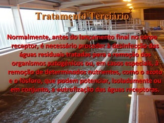 Tratamento Terciário Normalmente, antes do lançamento final no corpo receptor, é necessário proceder à desinfecção das águas residuais tratadas para a remoção dos organismos patogénicos ou, em casos especiais, à remoção de determinados nutrientes, como o azoto e o fósforo, que podem potenciar, isoladamente ou em conjunto, a eutrofização das águas receptoras. 