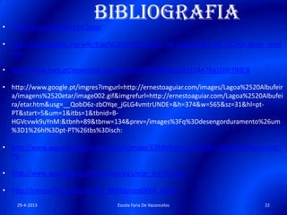 Bibliografia• http://www.infopedia.pt/$etar
• http://pt.wikipedia.org/wiki/Esta%C3%A7%C3%A3o_de_tratamento_de_%C3%A1guas_resid
uais
• http://www.ineti.pt/download.aspx?id=CD033DD40CB11EB111AA7B61D9F3B8C8
• http://www.google.pt/imgres?imgurl=http://ernestoaguiar.com/images/Lagoa%2520Albufeir
a/imagens%2520etar/image002.gif&imgrefurl=http://ernestoaguiar.com/Lagoa%2520Albufei
ra/etar.htm&usg=__QobD6z-zbOYqe_jGLG4vmtrUNDE=&h=374&w=565&sz=31&hl=pt-
PT&start=5&um=1&itbs=1&tbnid=B-
HGVcvwk9uYnM:&tbnh=89&tbnw=134&prev=/images%3Fq%3Ddesengorduramento%26um
%3D1%26hl%3Dpt-PT%26tbs%3Disch:
• http://www.aguasdoalgarve.pt/uploads/image/ETARVilamoura/ETAR%20de%20Vilamoura1.J
PG
• http://www.aguasgaia.eu/FileUpload/pics/etar_areinho.jpg
• http://campus.fct.unl.pt/afr/ipa_9899/grupo0004_agua/
29-4-2013 22Escola Faria De Vaconcelos
 