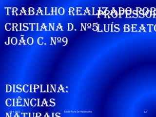 Trabalho realizado por
Cristiana D. Nº5
João C. Nº9
Disciplina:
Ciências
Professor
Luís Beato
29-4-2013 23Escola Faria De Vaconcelos
 