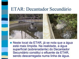 ETAR: Decantador Secundário
 Neste local da ETAR, já se nota que a água
está mais límpida. Na realidade, a água
superficial (sobrenadante) do Decantador
Secundário constitui o efluente da ETAR,
sendo descarregada numa linha de água.
 