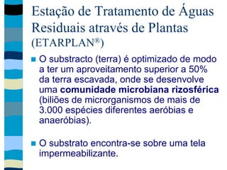 Estação de Tratamento de Águas
Residuais através de Plantas
(ETARPLAN®)
 O substracto (terra) é optimizado de modo
a ter um aproveitamento superior a 50%
da terra escavada, onde se desenvolve
uma comunidade microbiana rizosférica
(biliões de microrganismos de mais de
3.000 espécies diferentes aeróbias e
anaeróbias).
 O substrato encontra-se sobre uma tela
impermeabilizante.
 
