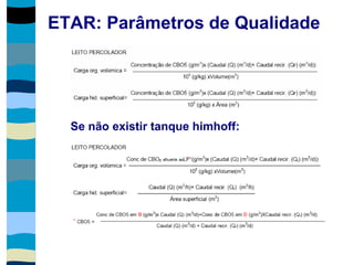 ETAR: Parâmetros de Qualidade
Se não existir tanque himhoff:
 