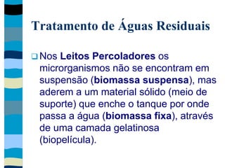 Tratamento de Águas Residuais
 Nos Leitos Percoladores os
microrganismos não se encontram em
suspensão (biomassa suspensa), mas
aderem a um material sólido (meio de
suporte) que enche o tanque por onde
passa a água (biomassa fixa), através
de uma camada gelatinosa
(biopelícula).
 