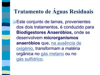 Tratamento de Águas Residuais
 Este conjunto de lamas, provenientes
dos dois tratamentos, é conduzido para
Biodigestores Anaeróbios, onde se
desenvolvem microrganismos
anaeróbios que, na ausência de
oxigénio, transformam a matéria
orgânica no gás metano ou no
gás sulfídrico.
 