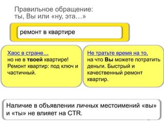 Правильное обращение:
ты, Вы или «ну, эта…»
Не тратьте время на то,
на что Вы можете потратить
деньги. Быстрый и
качественный ремонт
квартир.
ремонт в квартире
Хаос в стране…
но не в твоей квартире!
Ремонт квартир: под ключ и
частичный.
Наличие в объявлении личных местоимений «вы»
и «ты» не влияет на CTR.
 