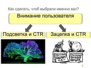 Как сделать, чтоб выбрали именно вас?
Подсветка и CTR Зацепка и CTR
Внимание пользователя
 