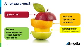 6
Большее
присутствие
на поиске
Прирост CTR
Высокое
качество заявок
и коэффициент
конверсии
Автотаргетинг
(Простота управления)
А польза в чем?
 