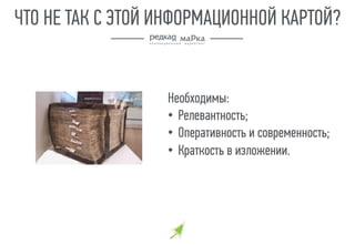 ЧТО НЕ ТАК С ЭТОЙ ИНФОРМАЦИОННОЙ КАРТОЙ?
Необходимы:
•  Релевантность;
•  Оперативность и современность;
•  Краткость в изложении.
 