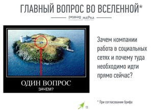 Зачем компании
работа в социальных
сетях и почему туда
необходимо идти
прямо сейчас?
13
ГЛАВНЫЙ ВОПРОС ВО ВСЕЛЕННОЙ*
* При согласовании брифа
 