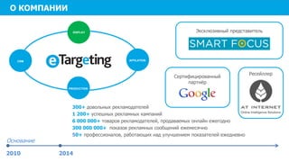 Сертифицированный партнёр 
Основание 
300+ довольных рекламодателей 
1 200+ успешных рекламных кампаний 
6 000 000+ товаров рекламодателей, продаваемых онлайн ежегодно 
300 000 000+ показов рекламных сообщений ежемесячно 
50+ профессионалов, работающих над улучшением показателей ежедневно 
Эксклюзивный представитель 
2010 
2014 
Ресейллер 
О КОМПАНИИ 
AFFILATION 
PRODUCTION 
CRM 
DISPLAY  