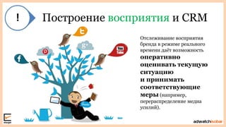 Построение восприятия и CRM
Отслеживание восприятия
бренда в режиме реального
времени даѐт возможность
оперативно
оценивать текущую
ситуацию
и принимать
соответствующие
меры (например,
перераспределение медиа
усилий).
 